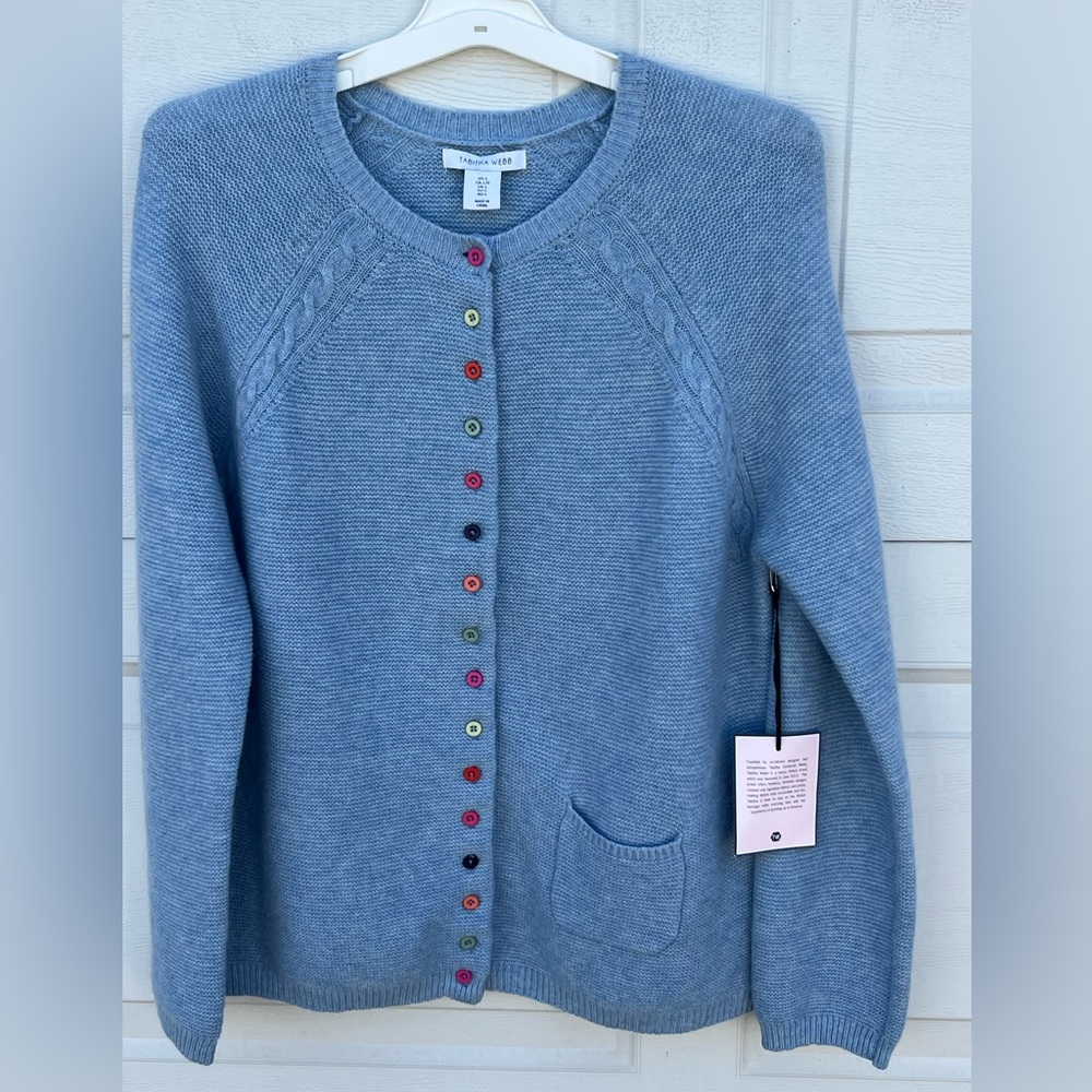 Women's Tabitha Webb Blue Wool Blend Cardigan Rainbow Button Front L